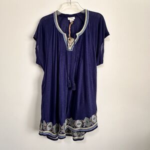 Wrangler Top Shirt L French Navy Embroidered Tassel Rayon Pintuck‎ Boho Blue NEW